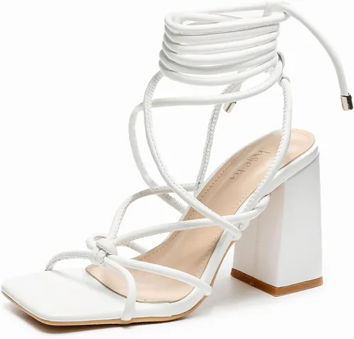 Sandalias de tacón grueso con cordones para mujer, bonitas sandalias de tacón de bloque para mujer, elegantes y sexys con punta cuadrada