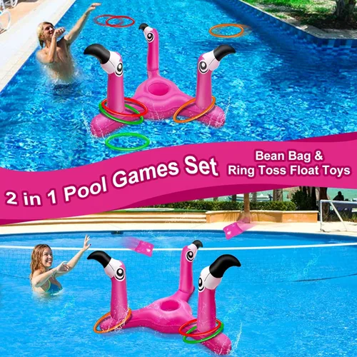 Miniatura 5 de Juego de juguetes inflables de flamenco 2 en 1 para lanzar y lanzar anillos. Juego de juguetes inflables de flamenco para piscina y cornhole