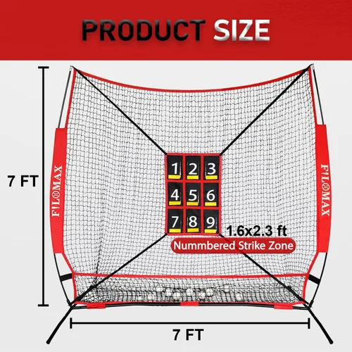 Miniatura 2 de Red de práctica de béisbol y softbol de 7 x 7 pies con zona de golpe numerada, red de entrenamiento de lanzamiento portátil resistente