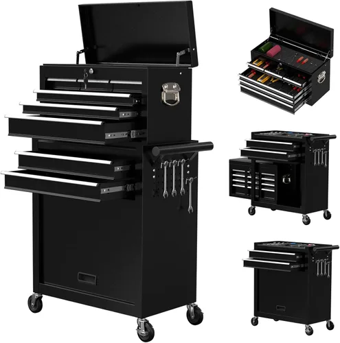 Caja de herramientas con ruedas de 8 cajones, gabinete de almacenamiento de herramientas extraíble de alta capacidad, caja de herramientas Negro