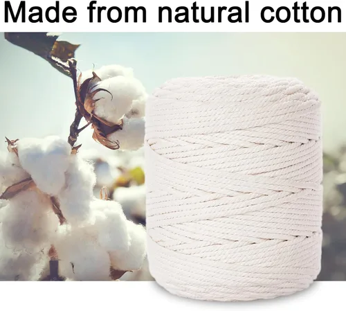 Miniatura 2 de Cordón de macramé de 6 mm x 218 yardas, cuerda de macramé de algodón natural - 4 hebras de cordón de algodón trenzado para colgar en la pared