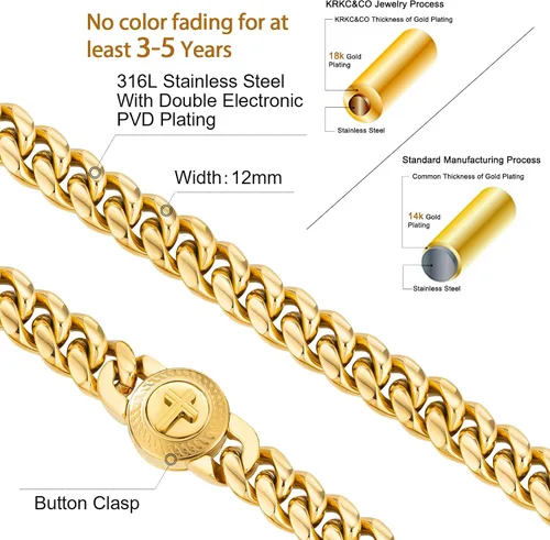 Miniatura 3 de KRKC&CO - Pulsera de eslabones cubanos de 12/0.551 in para hombre, chapada en oro de 18 quilates, cruz, brújula, calaveras redondas, cierre tallado
