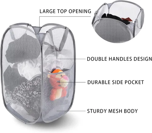 Miniatura 3 de Kimmama Cesta de lavandería plegable grande de malla, plegable con bolsillo lateral, contenedor de almacenamiento de ropa extraíble con asa
