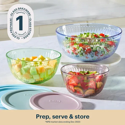 Miniatura 3 de Pyrex Colores Tintados (Paquete de 3, Juego Completo) Tazones de Mezcla de Vidrio Tintado Esculpido con Tapas, Juego de Tazones Anidables que