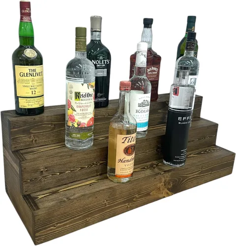 Miniatura 19 de Estantería de exhibición escalonada hecha a mano, exhibición de barra de tres niveles, organizador de barra, exhibición de botellas de licor