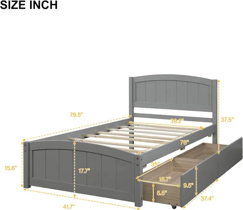 Miniatura 2 de Cama de plataforma de tamaño individual con cajones, marcos de cama individual de madera con cabecero, estribo y soporte de tablillas, color gris