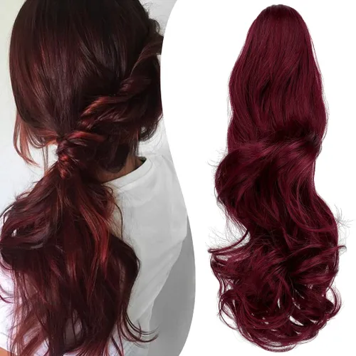Extensión de Cola de Caballo con Clip de Garra, Extensiones de Cabello Ondulado con Clip de 18 Pulgadas, Colas de Caballo Largas para Mujeres, Vino