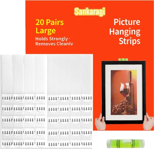 20 pares (40 tiras) tiras grandes para colgar cuadros resistentes, tiras extraíbles de gancho y bucle, tiras adhesivas para colgar fotos, perfectas