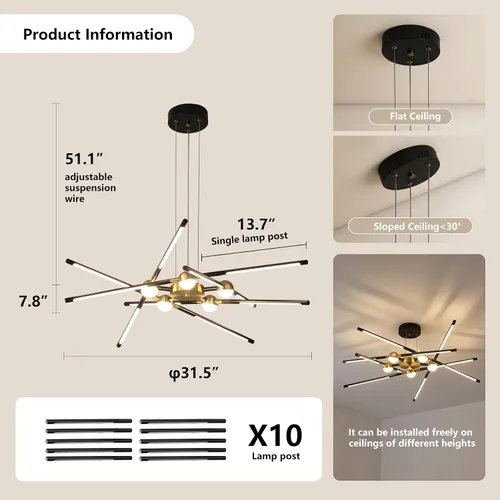 Miniatura 6 de Candelabro negro moderno, Candelabro Sputnik de 10 luces regulable enchufable, lámpara colgante de techo con instalación empotrada, lámpara colgante