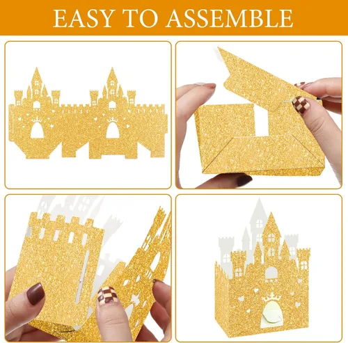 Miniatura 4 de Chrisfall 24 cajas de dulces de castillo de princesa con purpurina, decoración de fiesta de castillo de princesa, cajas de regalo de cumpleaños