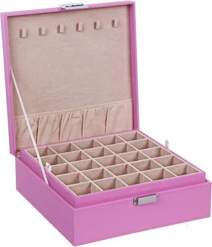 BEWISHOME Soporte organizador de aretes para niñas, funda de 50 ranuras, 6 ganchos para collares, 2 bandejas apilables, caja de joyería rosa para