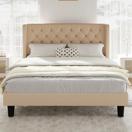 Miniatura 3 de Allewie Base de cama de tamaño matrimonial con cabecera copetuda con botones en la parte trasera, marco de cama tapizado moderno con soporte