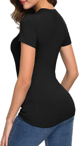 Miniatura 6 de Urban CoCo Camiseta básica casual para mujer, ajustada, manga corta, cuello en V, ajustada