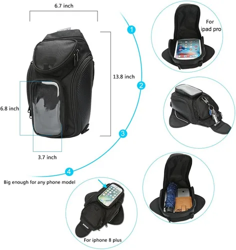 Miniatura 4 de Bolsa universal impermeable para tanque de motocicleta, cuenta con una ventanilla transparente y fuertes imanes para adherirse al tanque de su