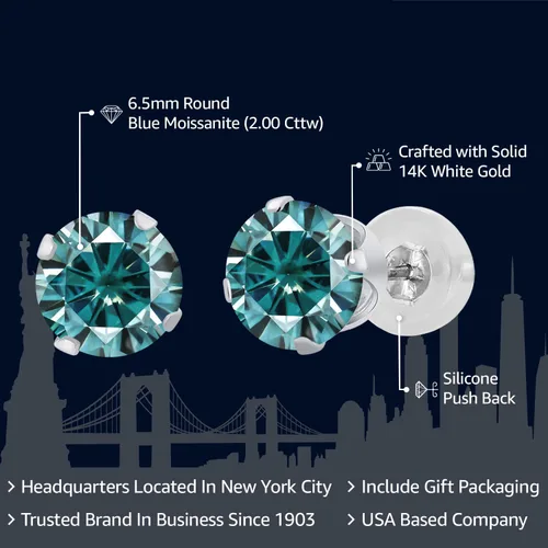 Miniatura 2 de Gem Stone King Aretes de moissanita azul de oro blanco de 14 quilates 2.00 Cttw Redondos de 0.256 in Aretes redondos de oro blanco