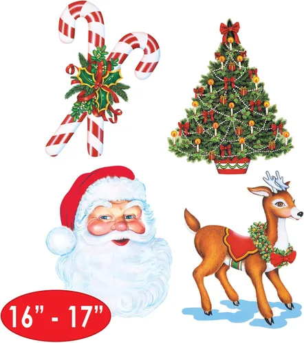 Miniatura 2 de Beistle Recortes de Navidad – Paquete de 4 decoraciones navideñas de doble cara con diseños festivos de Papá Noel, renos, bastones de caramelo