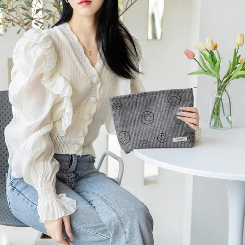 Miniatura 6 de Bolsa de maquillaje para mujeres, bolsa de cosméticos de pana con diseño estético, bolsa de mano para damas, estuche para lápices para niñas, lindo