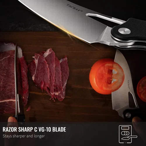 Miniatura 3 de TACRAY Navaja de Cocina Plegable, Cuchillo de Chef de 4.4" Plegable para Acampada con Cuchilla de Acero Inoxidable 10cr15mov, Mango de G10