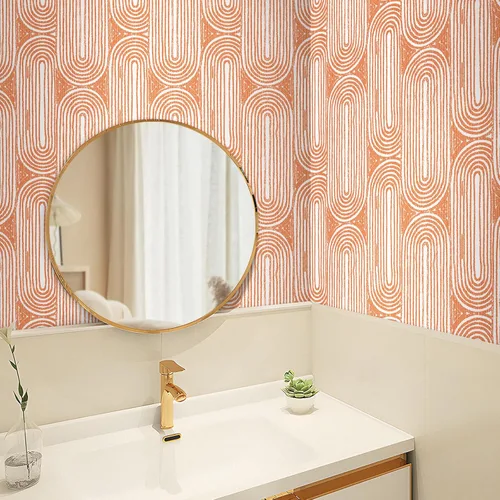 Miniatura 2 de Livelynine Papel tapiz despegar y pegar de 17.5 x 276 pulgadas, naranja funky y blanco, bohemio chic, geométrico, moderno de mediados de siglo