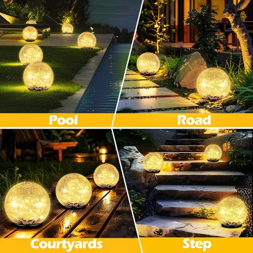 Miniatura 7 de Luces solares de bola de jardín impermeables para exteriores, 30 luces LED de vidrio agrietado, luces de suelo para camino, patio, césped