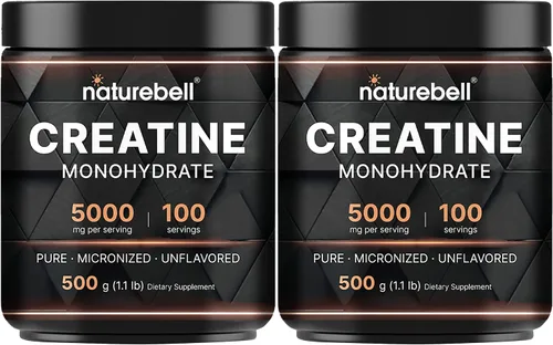 NatureBell Paquete de 2 Polvo de Monohidrato de Creatina Instantánea 500g, 5,000mg por Porción | Micronizado, Puro y Sin Sabor | Pre-Entrenamiento |