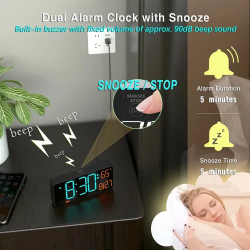 Miniatura 4 de KOSUMOSU Reloj digital para dormitorio de 6.7 pulgadas, despertador para sala de estar, atenuación automática, fecha, semana, segundos, temperatura