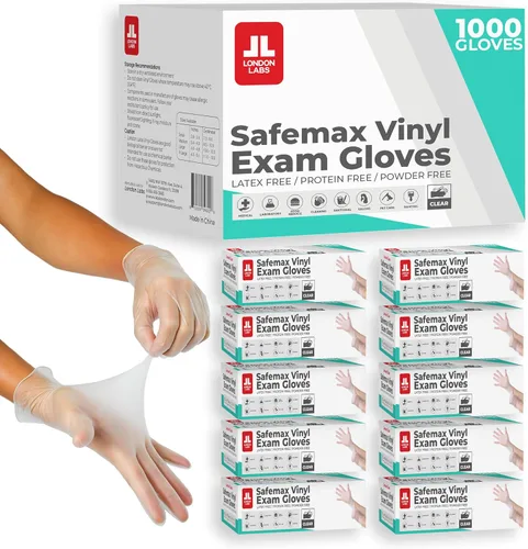 London Labs Guantes médicos de vinilo transparente sin polvo y sin látex, desechables, seguros para alimentos