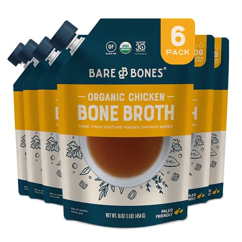 Bare Bones Caldo de hueso de pollo para cocinar y beber, 16 onzas, paquete de 6, criado en pastos, rico en proteínas y colágeno, apto para dieta keto