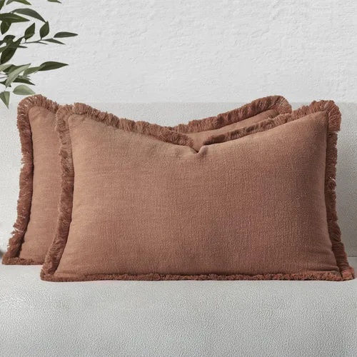 Miniatura 47 de MIULEE Juego de 2 fundas de almohada decorativas de lino neutro con flecos, fundas de cojín de estilo bohemio con borlas para sofá, cama, sala