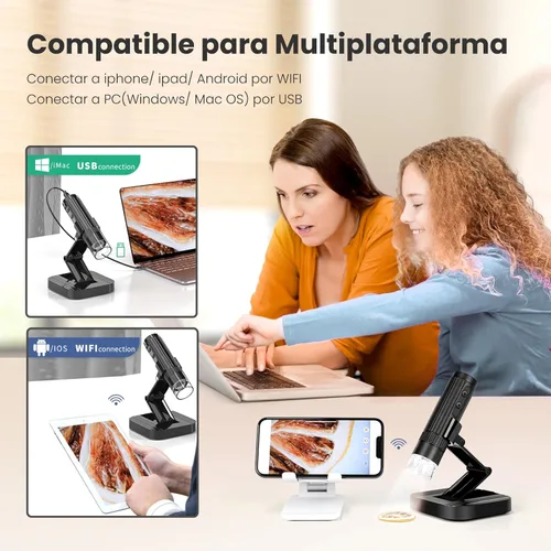 Miniatura 4 de Microscopio digital inalámbrico M2C 50X-1000X Microscopio portátil de mano 1080P HD con soporte ajustable, mini microscopio USB para monedas, lupa