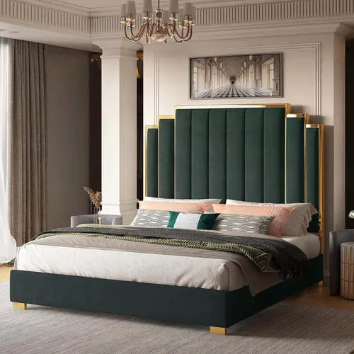 Miniatura 8 de Albott Marco de cama de plataforma tamaño Queen, cama tapizada de terciopelo de 61.4 pulgadas con cabecero de ribete dorado, listones de madera,
