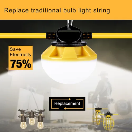 Miniatura 6 de Luces de cadena de construcción de 50 pies con jaula protectora, luces de trabajo LED de cadena impermeables IP65, luz diurna 5000K con cable 18AWG