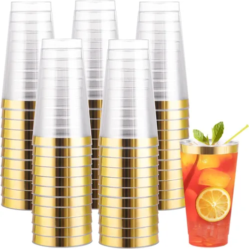 Miniatura 16 de I00000 Paquete de 100 unidades de vasos de plástico dorado de 12 onzas, vasos desechables con borde dorado, vasos de vino desechables y copas