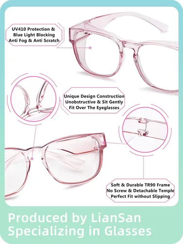 Miniatura 6 de LianSan Gafas de seguridad sobre anteojos para mujer, gafas antivaho que se ajustan sobre las gafas para certificación ANSI Z87.1