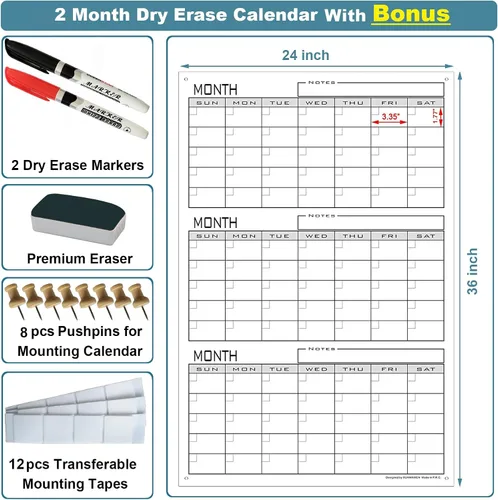 Miniatura 6 de Calendario grande de borrado en seco de 3 meses para pared, 36 x 24 pulgadas, calendario de pizarra blanca de tres meses sin fecha para oficina
