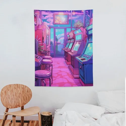 Miniatura 7 de josnmre Tapiz grande de anime de los años 80 con efecto retrowave neón Synthwave para colgar en la pared, decoración de dormitorio, sala de estar