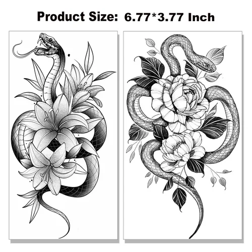 Miniatura 3 de Tazimi Tatuajes temporales de serpiente, 12 hojas 3D negras realistas de serpiente, rosa, tatuajes florales, calcomanías grandes y sexys