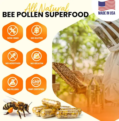 Miniatura 3 de HONEYBEEZONE Gránulos de polen de abeja 100% crudo en 60 cápsulas vegetales - Alto en complejo B esencial para el metabolismo y la energía - Sin