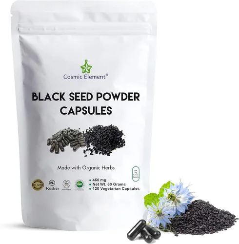 Cosmic Element Cápsulas de polvo de semillas negras 100% puras orgánicas – Vegana Nigella Sativa 450 mg de semillas de comino negro por porción para
