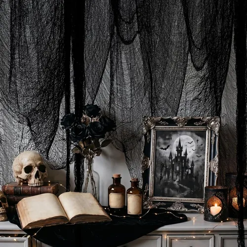 Miniatura 9 de ZeeDix Paquete de 6 paños espeluznantes negros de Halloween de 30 x 75 pulgadas, decoración de Halloween, tela de gasa espeluznante negra