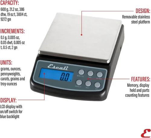 Miniatura 6 de Escali L600 L-Series - Báscula de laboratorio profesional de alta precisión, seis unidades de medición, capacidad de 21.16 oz/resolución 0.00 oz