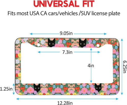 Miniatura 4 de Marcos para placa de matrícula para mujer, diseño floral, lindo y divertido gato negro, flores, marco de etiqueta de metal de acero inoxidable