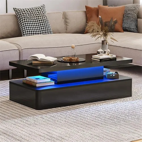Miniatura 9 de Mesas modernas de sala de estar, mesa de centro LED con luces LED, mesa central rectangular de 2 niveles con gran almacenamiento, superficie de alto