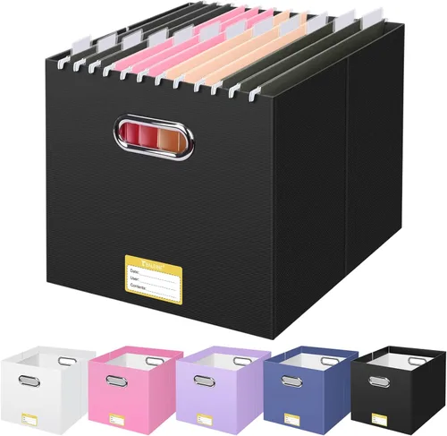 Miniatura 53 de BALEINE Caja organizadora de archivos, organizador de carpetas de archivos de cartón con asa para tamaño carta, caja de archivos colgante plegable