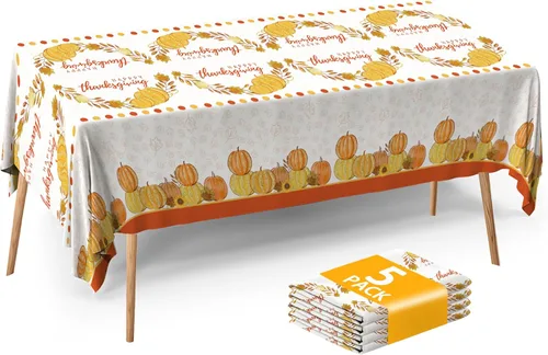 Miniatura 10 de ATFUNSHOP Mantel de Acción de Gracias, paquete de 2 manteles desechables de 54 x 108 pulgadas, suministros para fiestas, calabazas, pavos, manteles