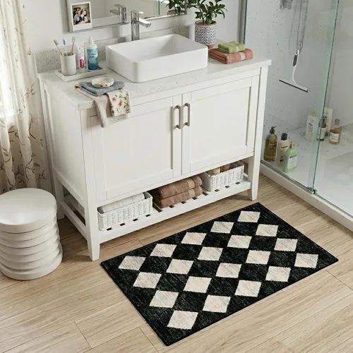 Miniatura 4 de Lahome - Tapete con diseño de entramado marroquí, a cuadros, pequeño, suave y antideslizante, moderno, resistente a las manchas, para puerta Negro