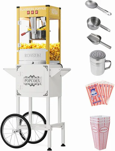 Máquina de palomitas de maíz ROVSUN con carrito, ruedas y hervidor de 8 oz, hace hasta 32 tazas, certificada ETL, máquina de palomitas de maíz con