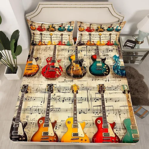 Juego de sábana bajera ajustable para niños con diseño de guitarra eléctrica, estilo retro, diseño de notas musicales, decoración de habitación de