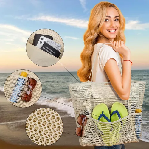 Miniatura 5 de Bolsa de playa - Bolsa tote de malla para vacaciones en la playa, ropa para mujeres, bolsa para piscina para viajes, piscina, crucero familiar