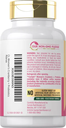 Miniatura 3 de Carlyle Probióticos Cranberry Plus para mujer 120 cápsulas con 14 cepas probióticas Vegetariano, sin OMG, suplemento sin gluten para ella